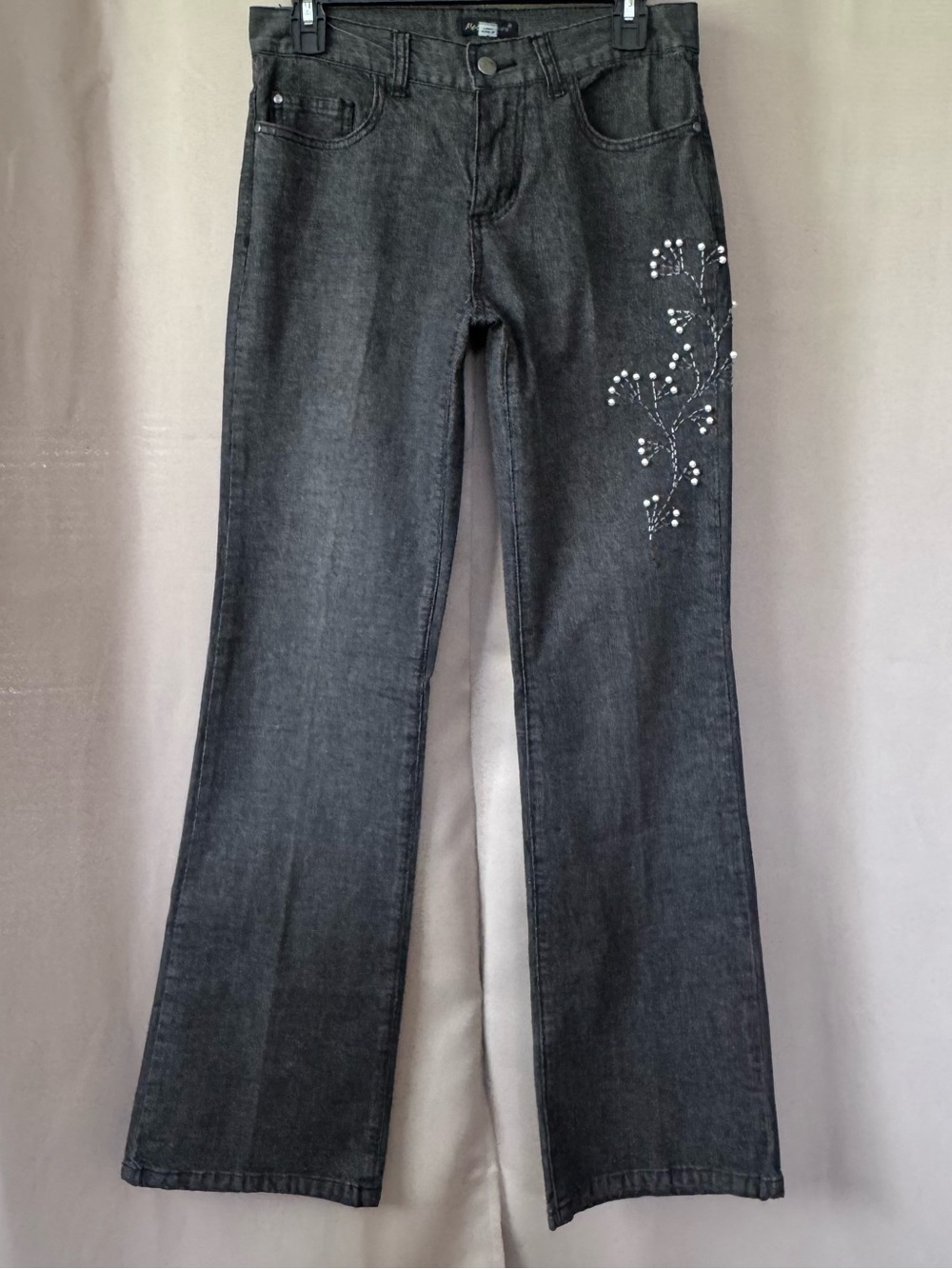 Washed Dark Gray Straight Leg Stretch Jeans w/Beads and Pearl Embellishments 🩶